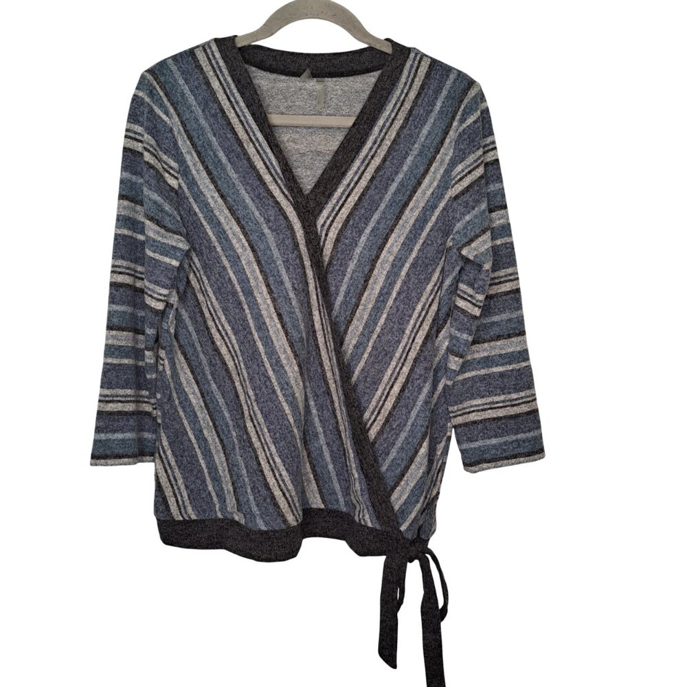 Silverwear Blue Gray Striped Tie Front V Neck Blouse Size Medium